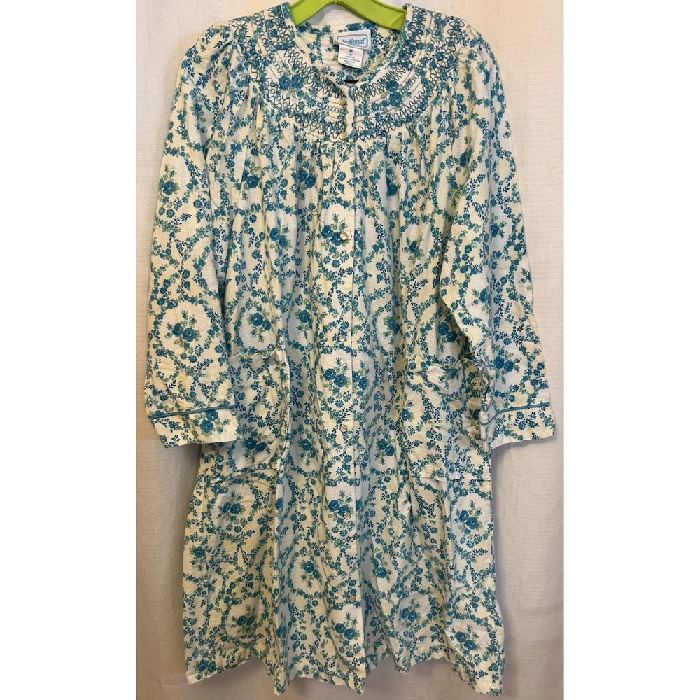 Flannel Blue Floral Nightgown Womens M Long Sleeve Snap Grandmacore Cottagecore